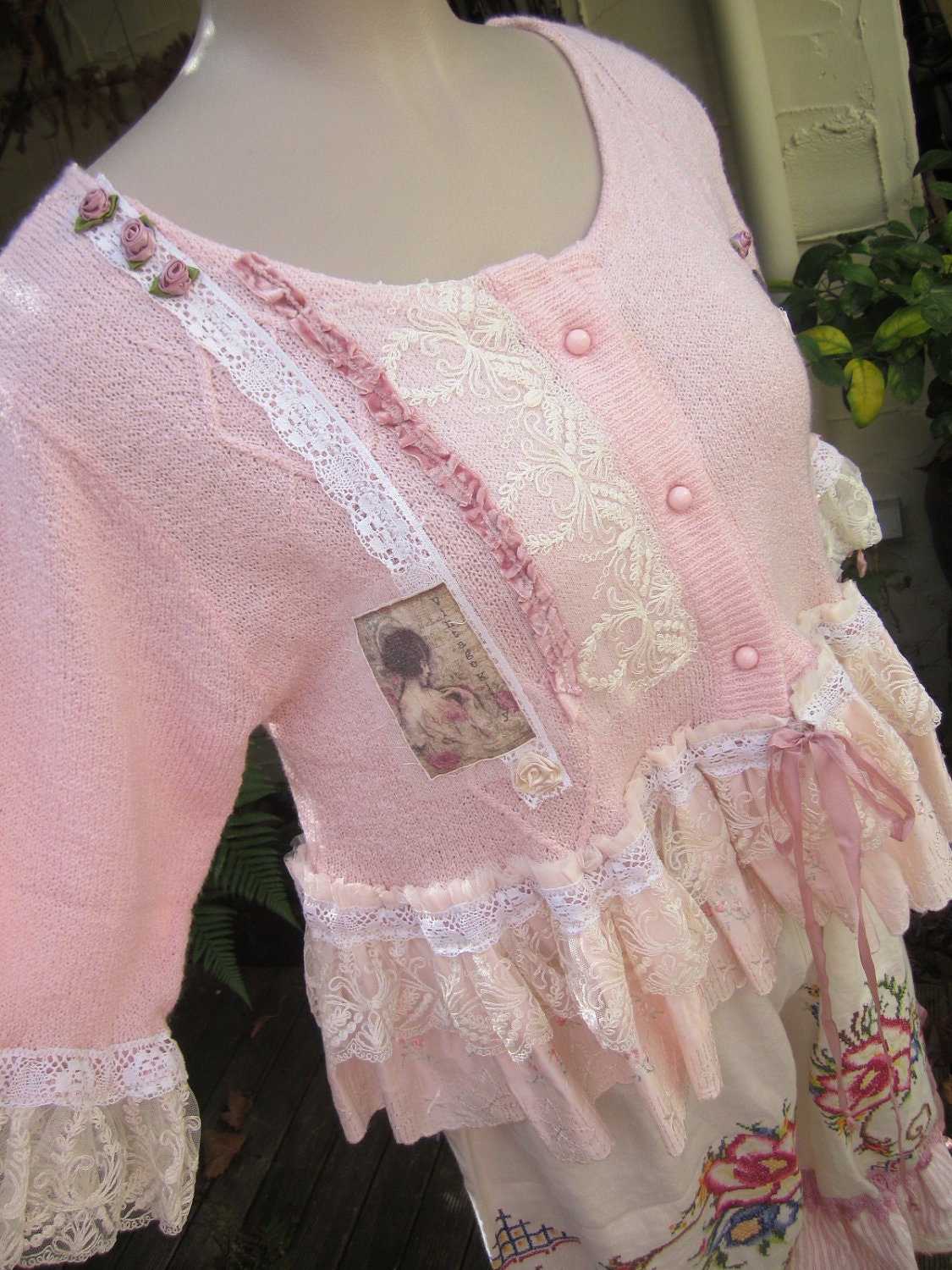 VINTAGE KITTY.. pretty pink crop cardi.. upcycled.. lace, crochet.. shabby chic.. ooak.. roses, lace, Lge - XL