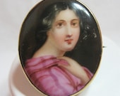 Small Antique Victorian Miniature Portrait Brooch - Pink - Hand Painted - Porcelain - Civil War Era 1860s