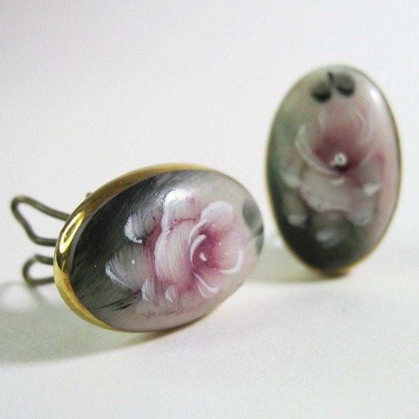 Vintage Art Deco Porcelain Earrings - Pink Roses - Flowers - Hand Painted - Moss Green - Clips - 1930s