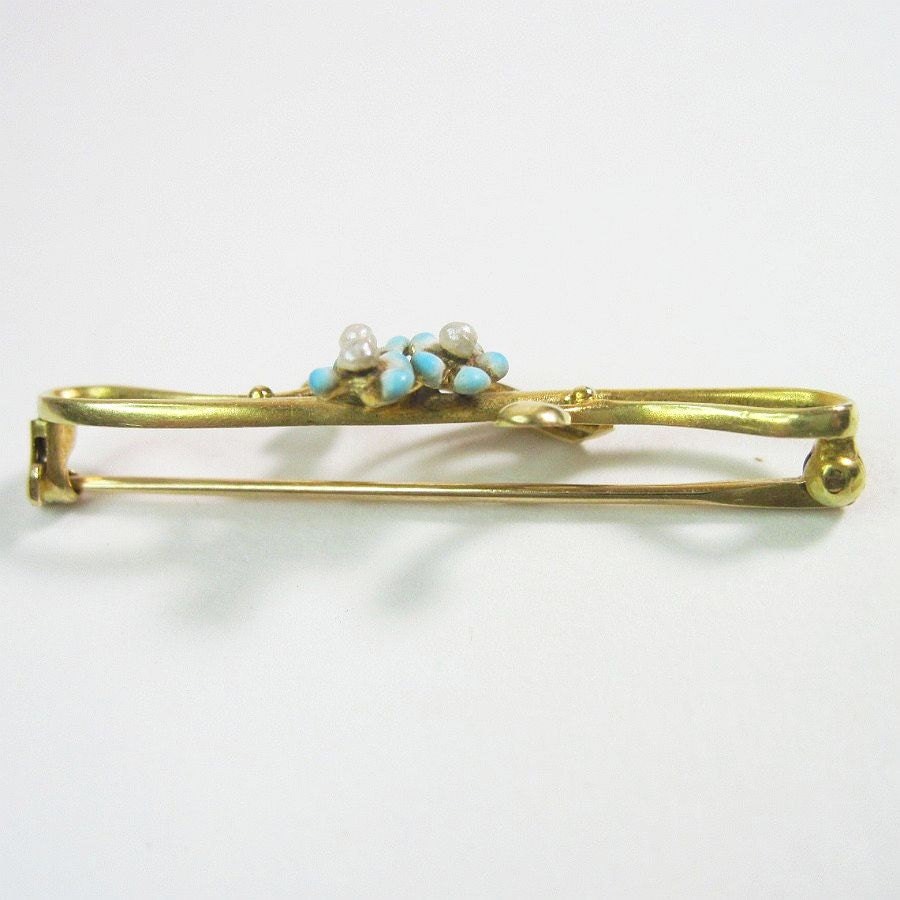 Antique Art Nouveau 14K Gold Pin Baby Blue Enamel Seed Pearls C1910