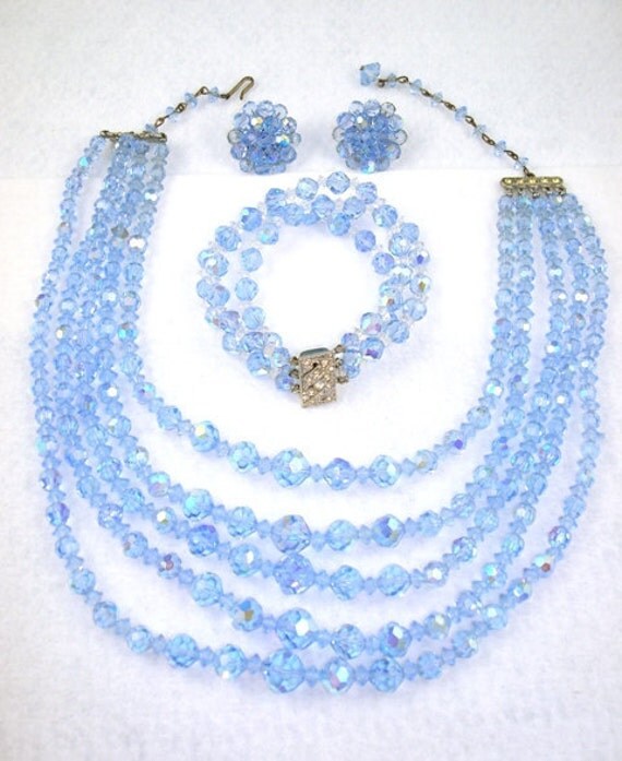 RESERVED FOR WISHINME - Vintage Blue Aurora Borealis Crystals Parure Set