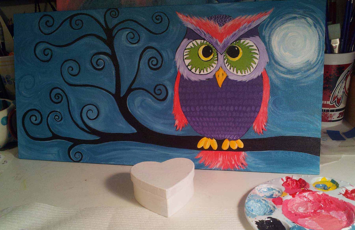 Whimsical Owl Painting in a Tree Original on Canvas Board