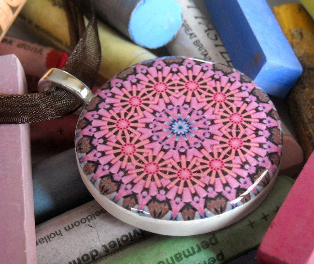 Kaleidoscope Pendant Polymer Clay Necklace Pink Pastel