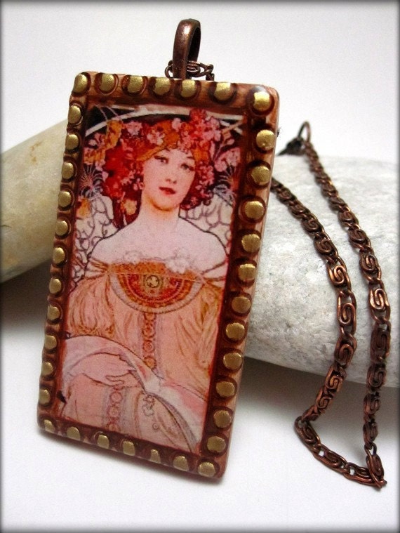 Alphonse Mucha Pendant Polymer Clay Necklace Reverie