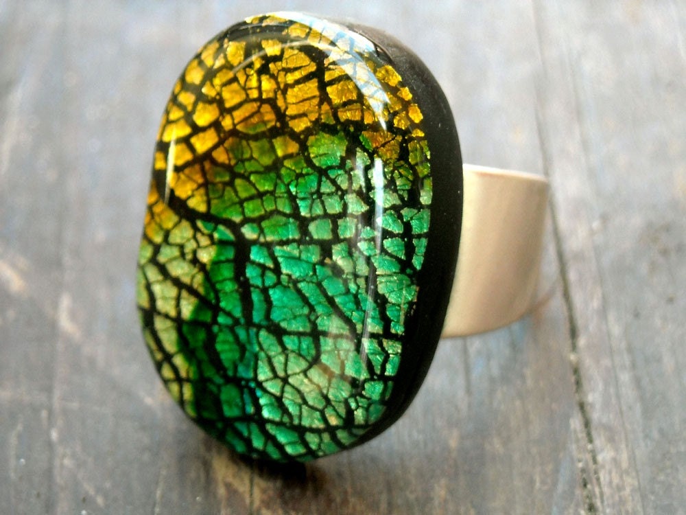 Ring Polymer Clay Green and Yellow Crackle