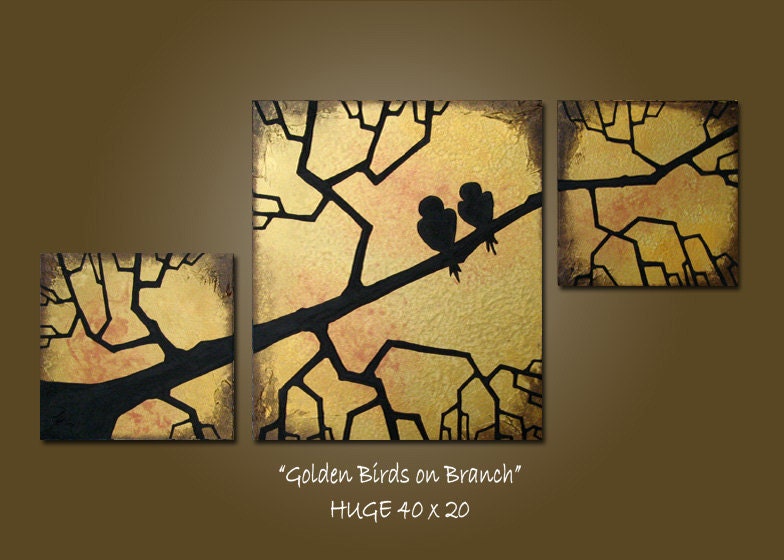 Custom Golden Birds on Branch - HUGE 40 x 20, Heavy Textured Acrylic Art PAINTING on canvas, Contemporary Earthy Love Birds Art