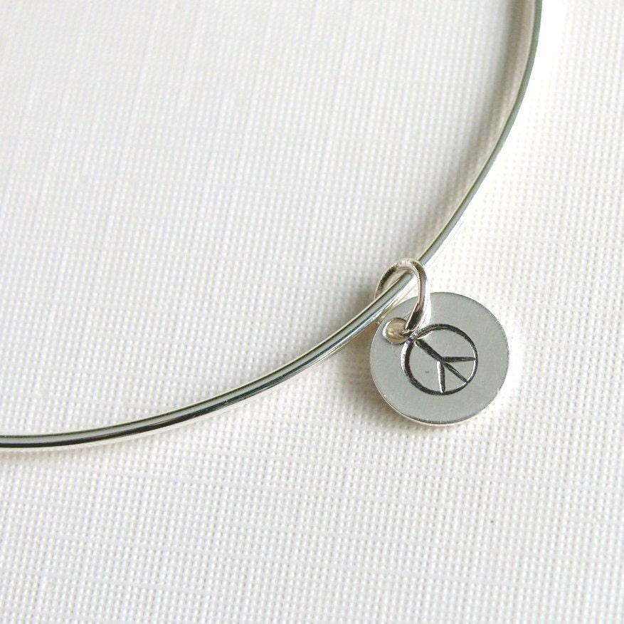 One Sterling Silver Bangle with Peace Sign Charm