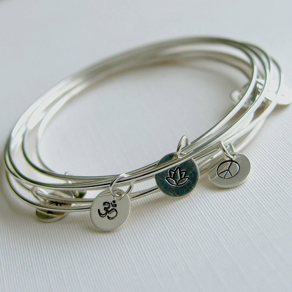 Bangles Sterling Silver Bracelets with Stamped Charm Set of Three Stacking Bangles