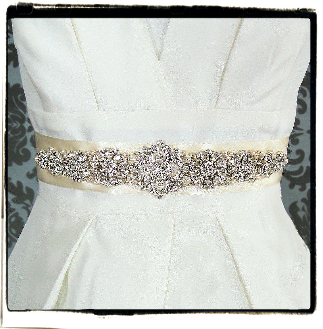 Modified Lovely bridal sash LONGER rhinestone and pearl detail