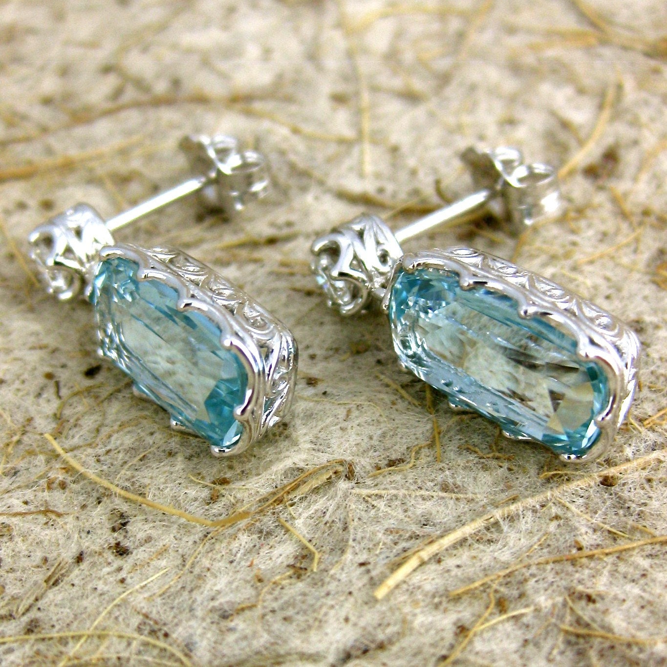 Hand Built Cushion Cut Aquamarine and Diamond Dangle Earrings in 14K White Gold with Custom Made Baskets