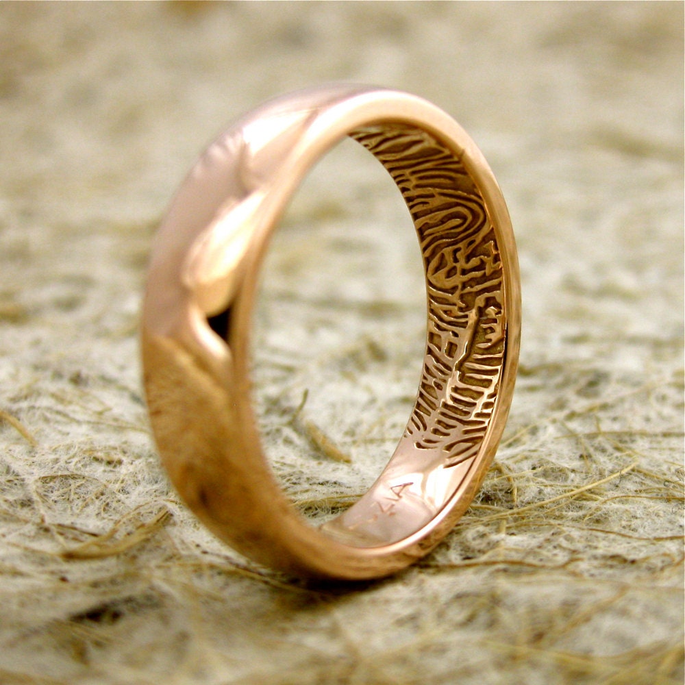 Hand Made Finger or Thumb Print Wedding Ring in 14K Rose Gold with Convex or Rounded Profile and Glossy Look Size 8/5mm