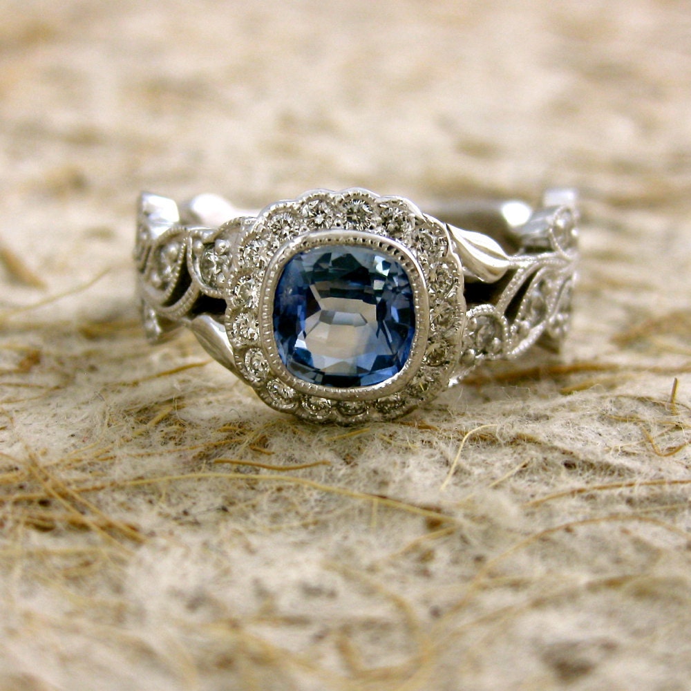 Handmade Square Cushion Cut Light Blue Sapphire Leaf & Vine Engagement Ring in 14K White Gold with Diamonds Size 8 - Other Gems Available