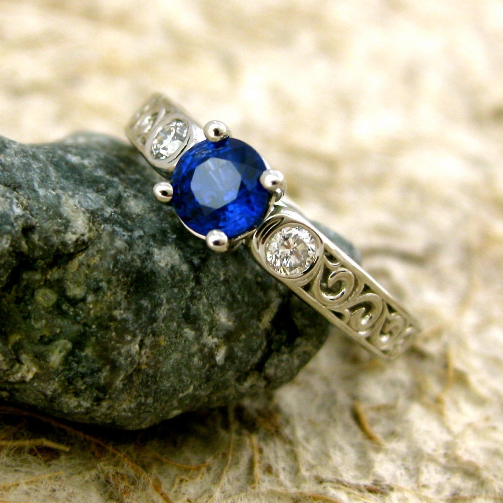 Custom Designed Blue Sapphire and Diamond Engagement Ring in Platinum with Matching Wedding Band Size 9.5/3.5mm
