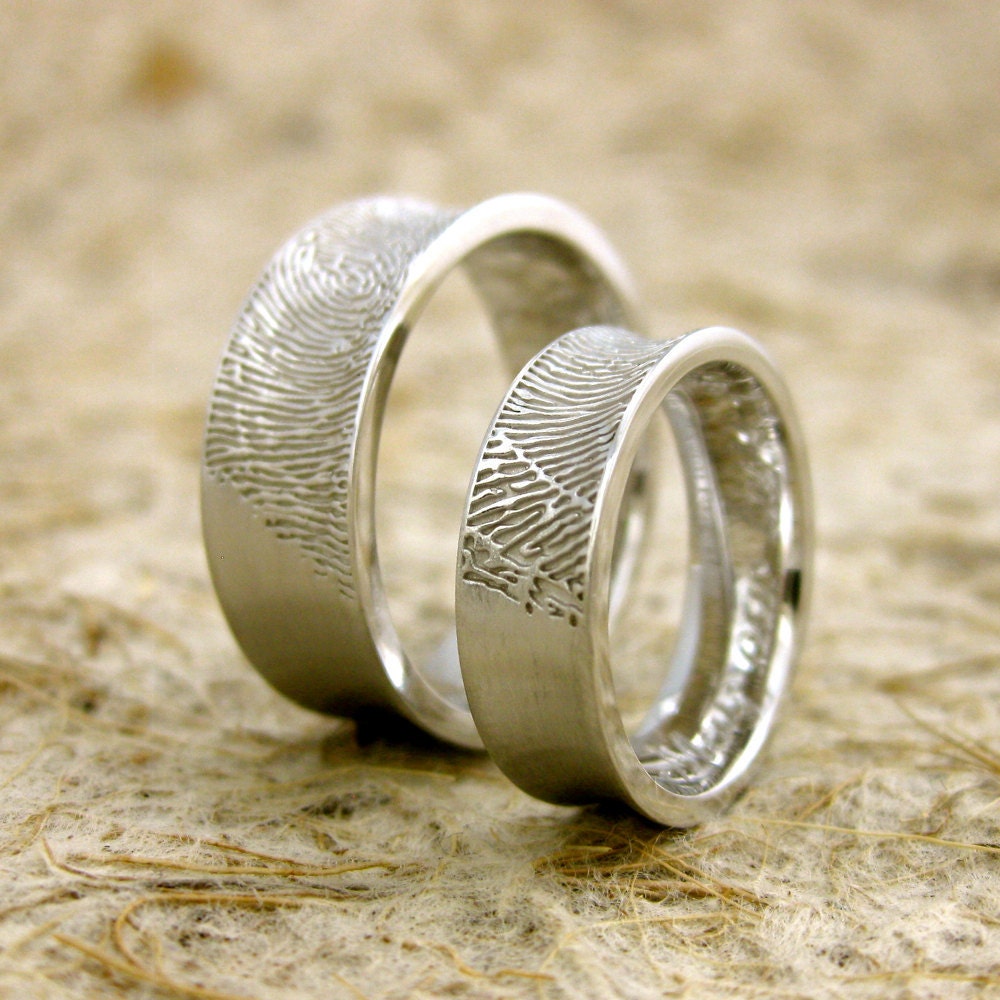 Personalized Pair of Concave Finger Print Wedding or Anniversary Rings in 14K White Gold Matte Size 11/8mm 5/5.5mm