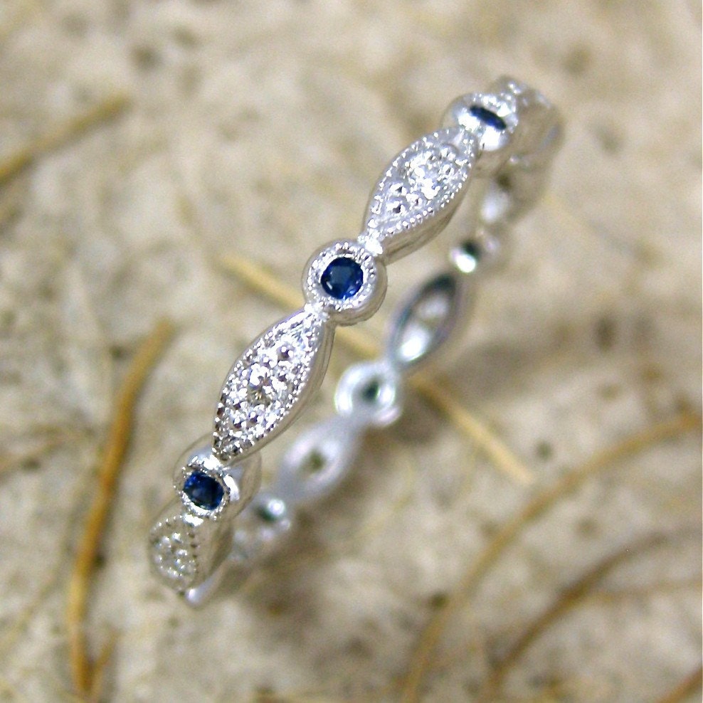 Hand Crafted Diamond and Blue Sapphire Shield & Round Bezel Wedding Ring in 14K White Gold Eternity Size 4.5