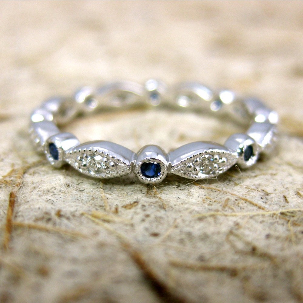 Hand Crafted Diamond and Blue Sapphire Shield & Round Bezel Wedding Ring in 14K White Gold Eternity Size 4.5