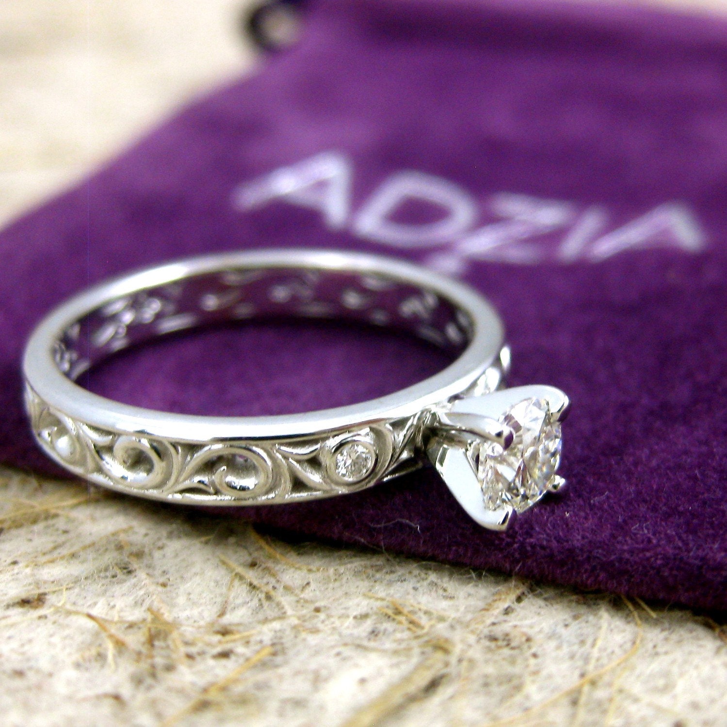 Custom Built Round Diamond Engagement Ring in 14K White Gold with Scrolls and 4 Prong Setting