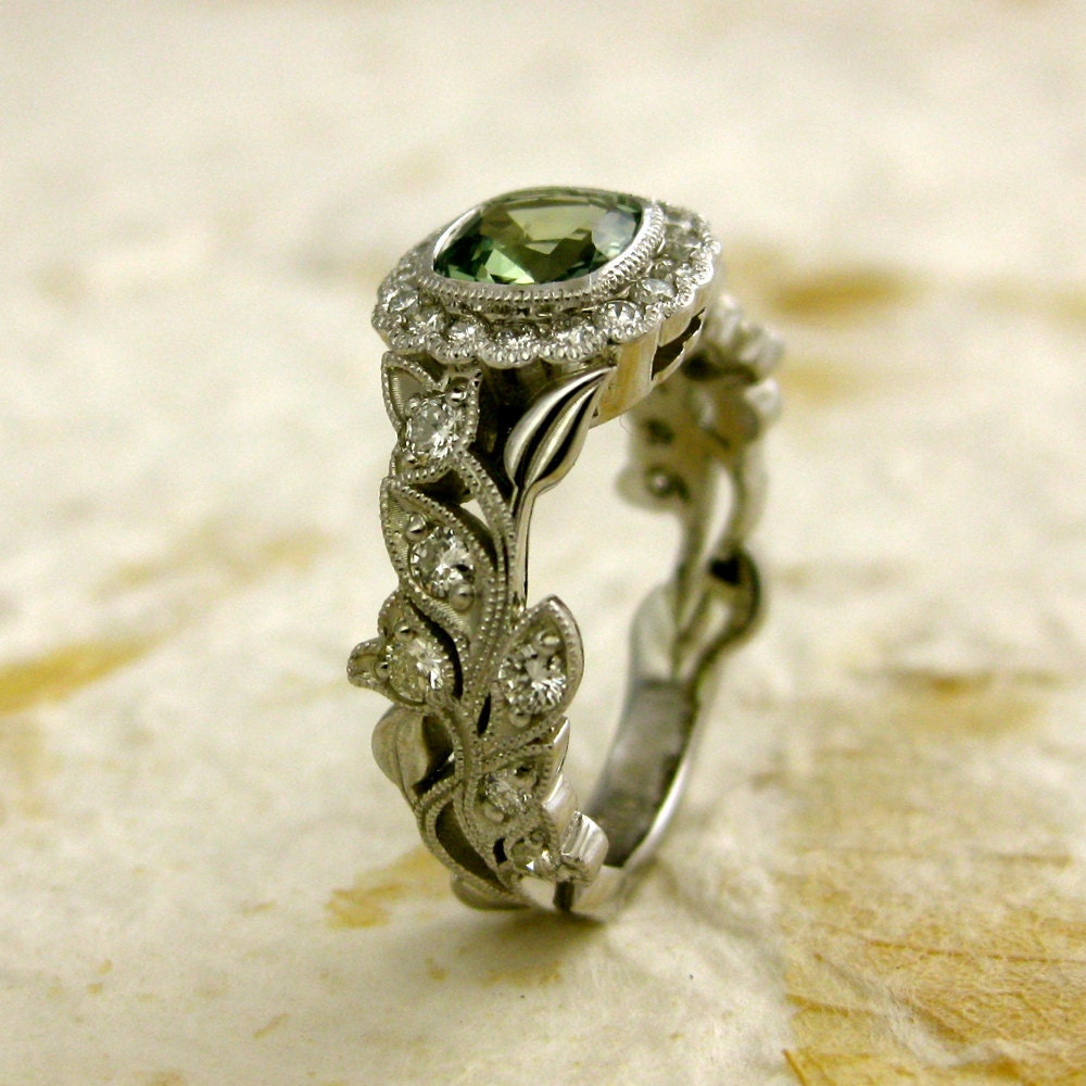 Custom Made Square Cushion Cut Green Sapphire Leaf Engagement Ring with Diamonds in 14K White Gold with Antiquing - Other Gems Available