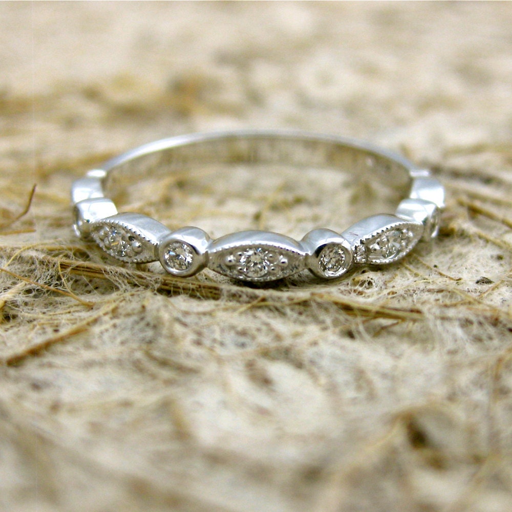 Vintage Inspired Shield Round Diamond Wedding Ring in 18K White Gold with Antiquing and Stones Set Half Way