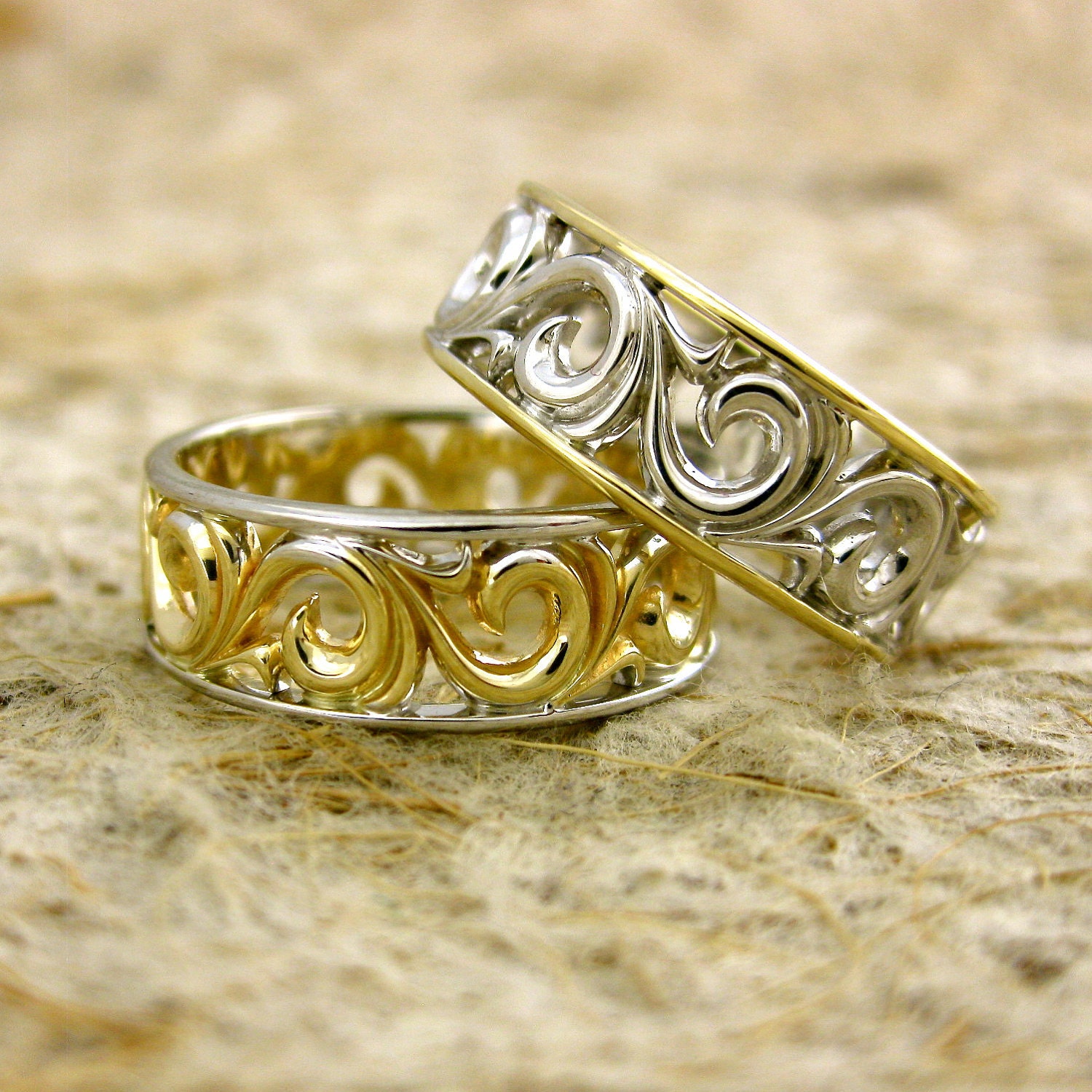 Hand Assembled Pair of Swirly Wedding Rings in Two Toned 14K White and Yellow Gold with Wide Scrolls Size 8.5/7mm