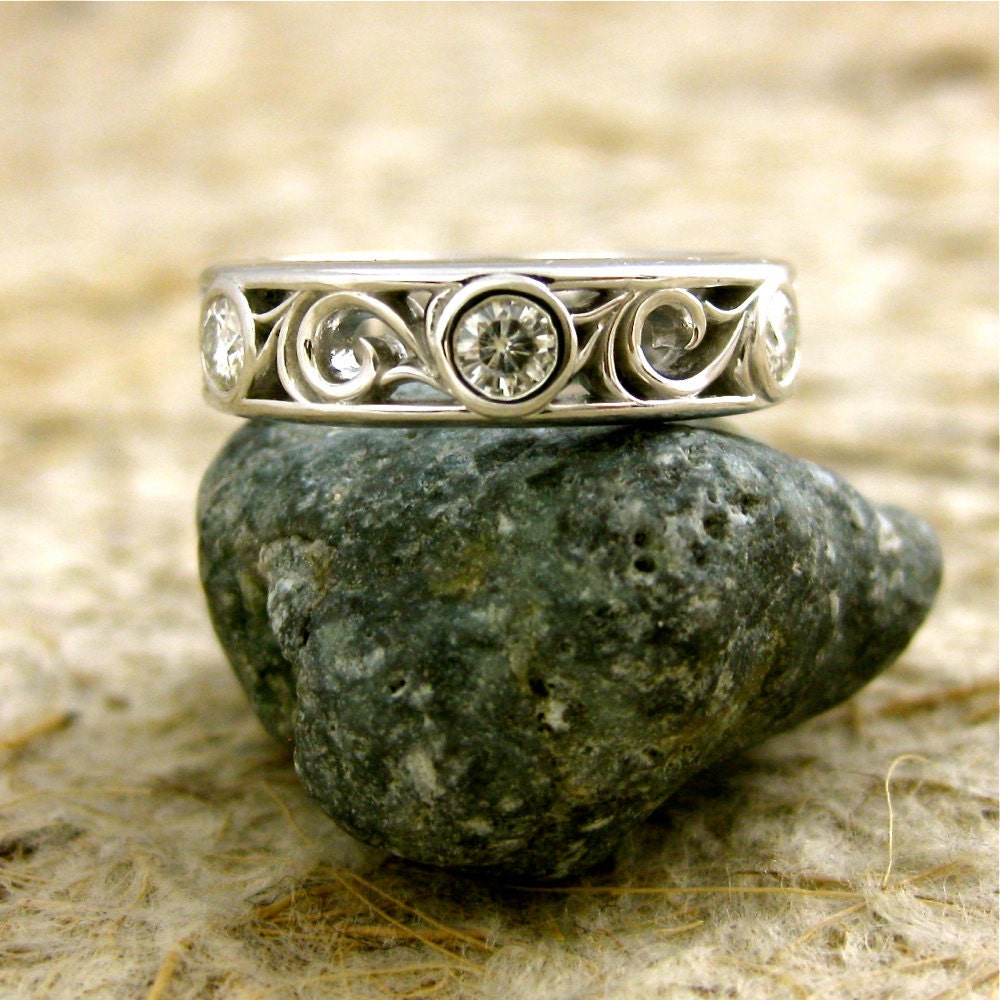 Hand Made Moissanite or Synthetic Diamond Wedding Ring in 14K White Gold with Large Scrolls Size 5/5mm