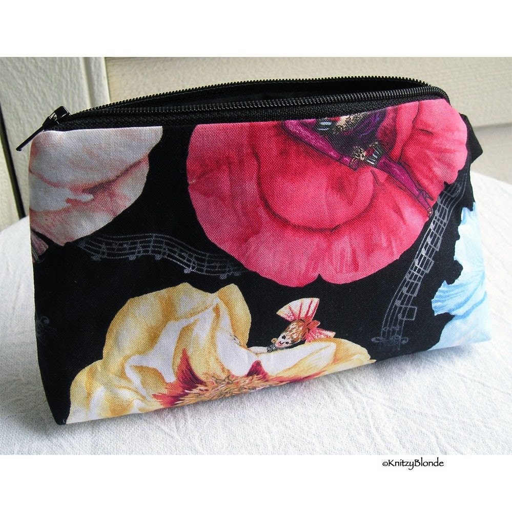 Cosmetics Bag Knitting Notions Zipper Pouch Paris Can Can Dancers Blue Pink Yellow Black