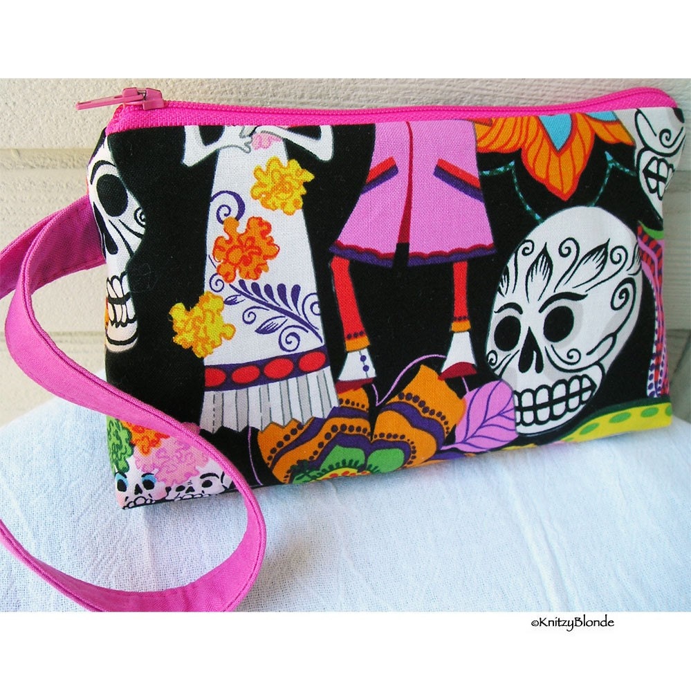 Cosmetics Bag, Knitting Notions Pouch, Sugar Skulls, Day of the Dead, Hot Pink Black