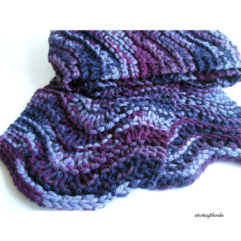 Hand Knit Scarf, Scalloped Lace, Thick Chunky Hand Dyed Wool, Amethyst Purple Plum Lilac Eggplant