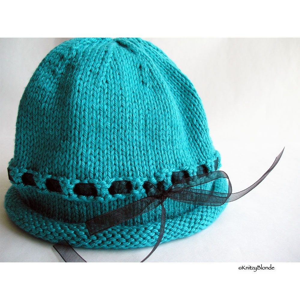 Cloche Hat, Hand Knit Photo Prop, Turquoise Cotton Black Ribbon Toddler Size
