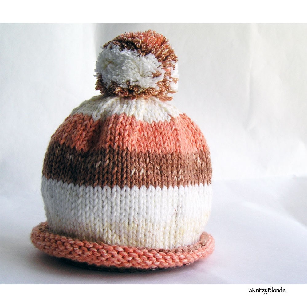 Baby Hat Hand Knit Orange & Rust Stripes with Roll Brim and Pom Pom, Great for Photo Props