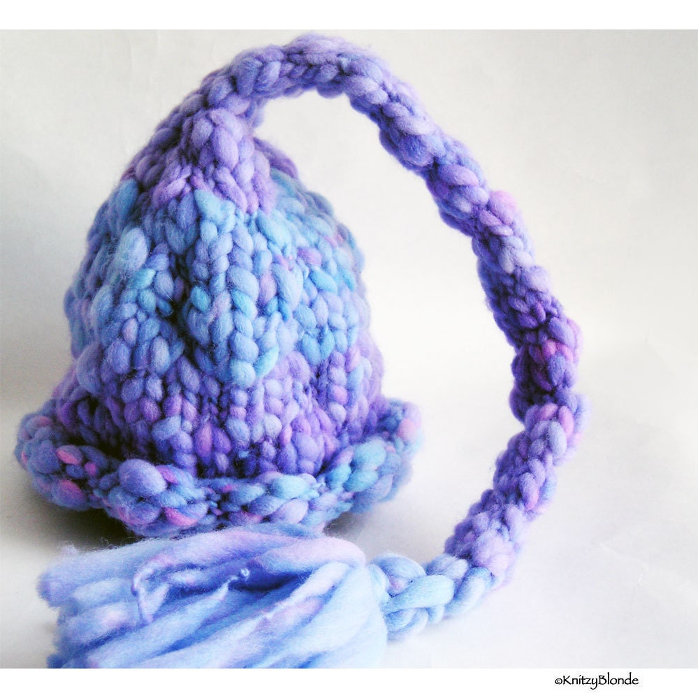 Hand Knit Baby Elf Hat, Photo Prop, Lilac Lavender Blue, Pixie Long Tail & Tassle