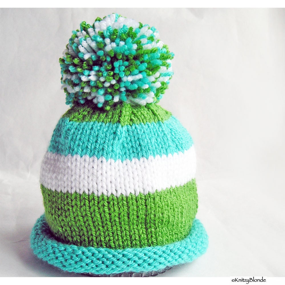 Hand Knit Baby Hat,  Photo Prop, Pom Pom, Green Turquoise White Stripes Vegan Yarn, Custom Size