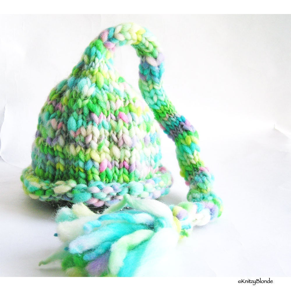 Baby Elf Hat, Hand Knit, Green Blue White, Pixie, Merino Wool, Long Tail Tassle