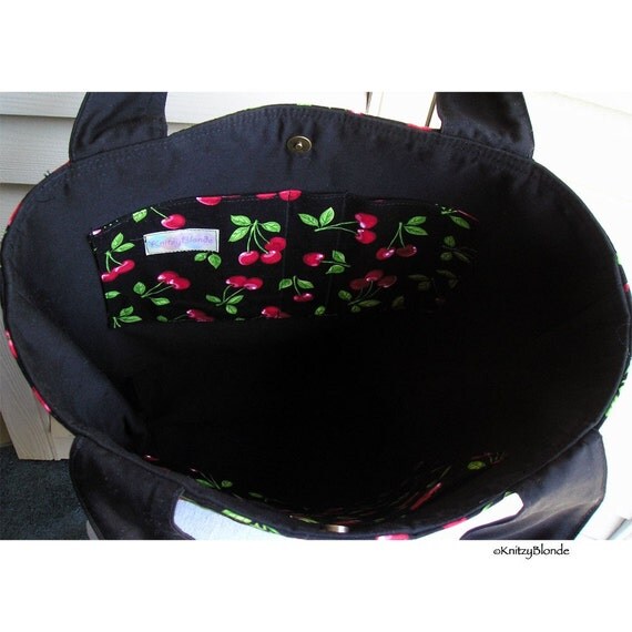 Knitting Tote Bag Retro Cherries Print Black and Red, Perfect Handbag Knitting Tote Combo by KnitzyBlonde
