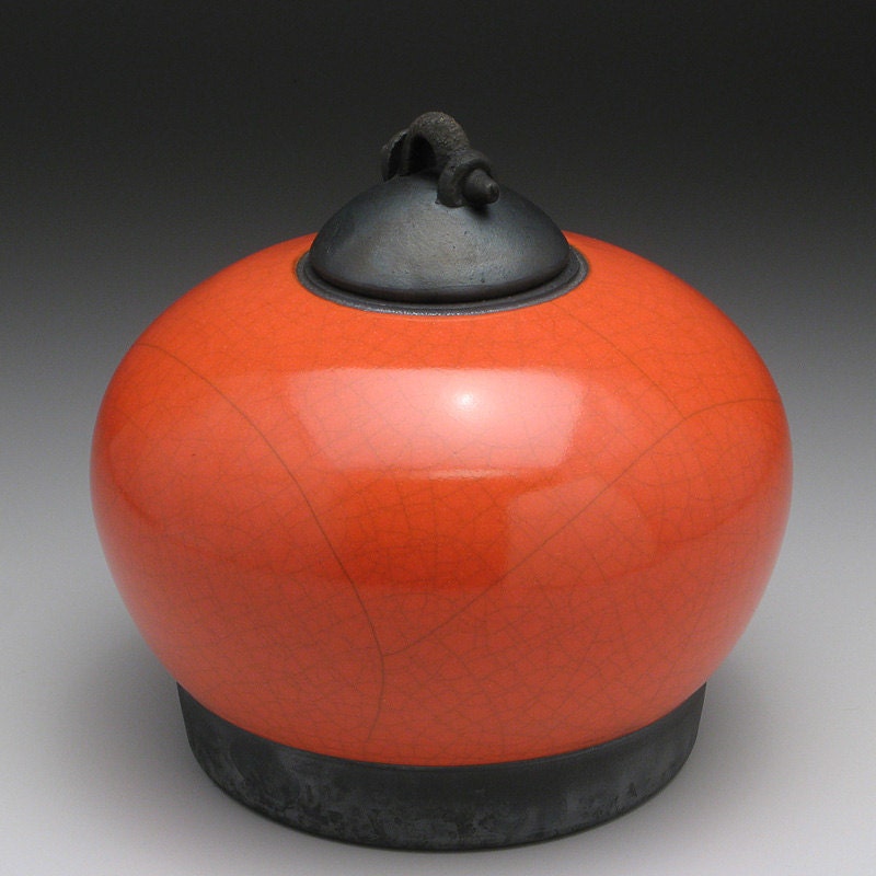 Red Orange ceramic Jar with lid,Raku Fired Covered Jar,handmade jar,art pottery,small urn