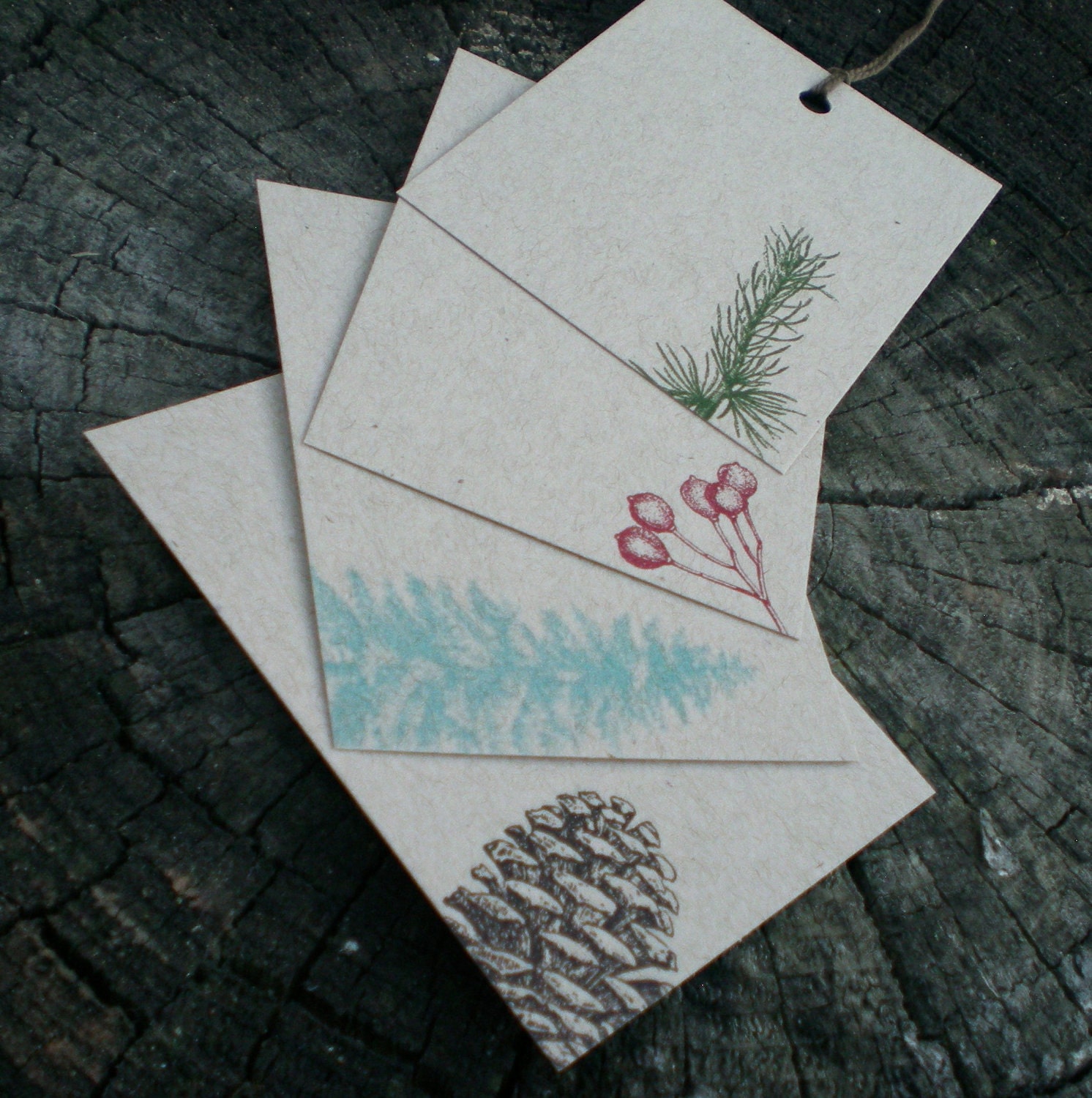 Pine tree, Pine Branch, Berry and Pine Cone Gift tags - set of 8