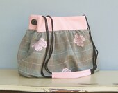 Pink Handbag - Cross Body Shoulder Bag Gathered in Grey Plaid Suiting with Pink Lace Accents (no8)