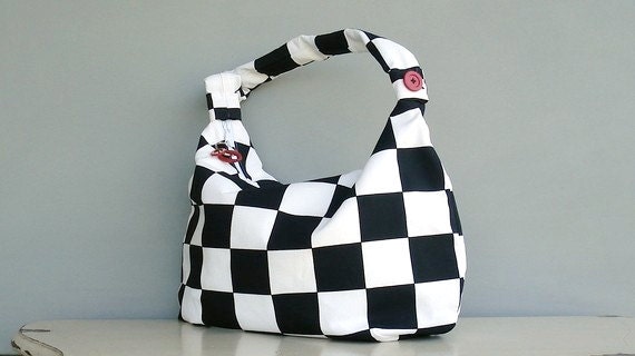 Racing Purse -  Zipper Purse - Auto Racing - Black and White Hobo Bag - Checkered Bag - Checkered Flag - Checks (no16)