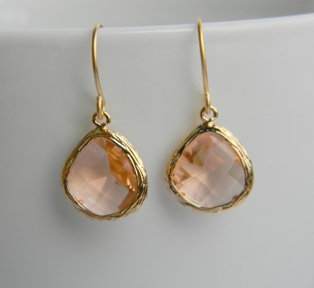 Peach Pink Champagne Pink Earrings - Gold Bridesmaid Earrings - Simple Everyday Earrings - Gift Under 25