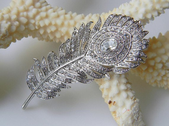 Rhinestone Peacock Feather Bridal Hair Clip - Crystal Clear - Bridesmaid Hair Clip - Wedding