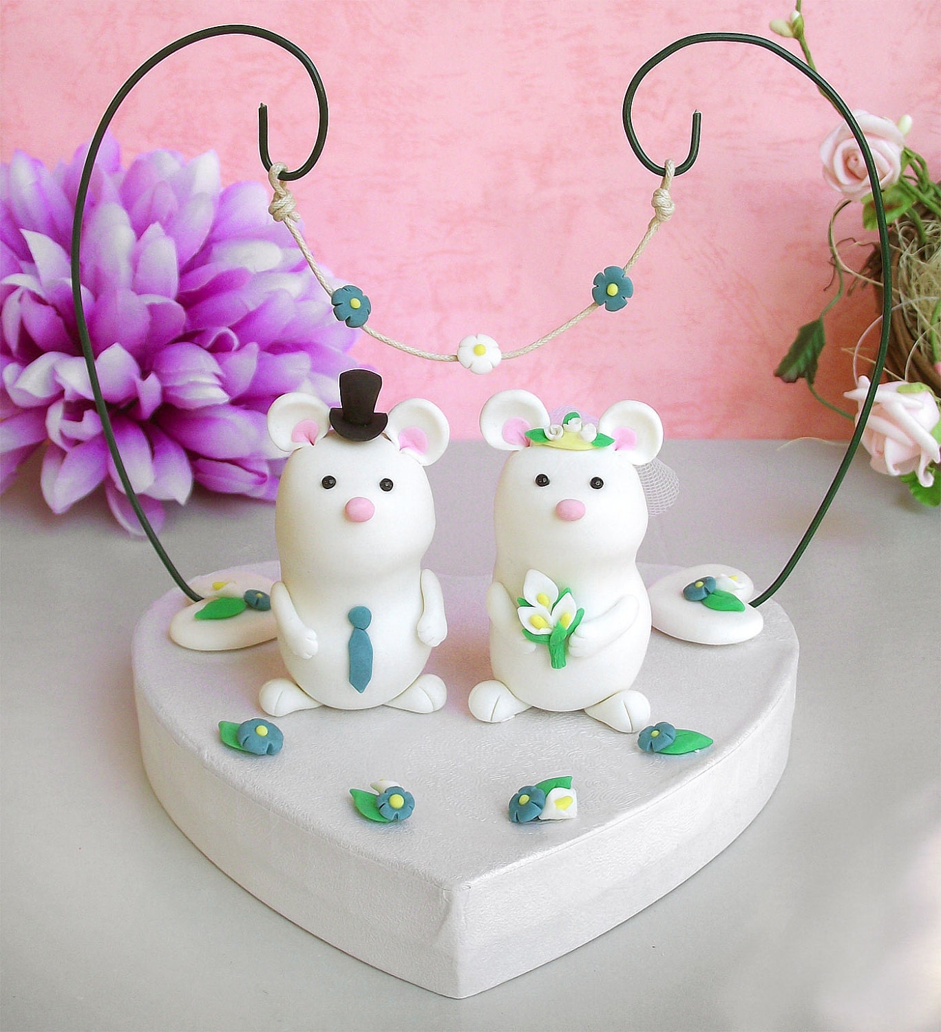Cute wedding cake toppers mice - custom, bride and groom, with stand and floral arc