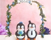 Unique cute Wedding cake topper - Penguins blue black white elegant - with arc