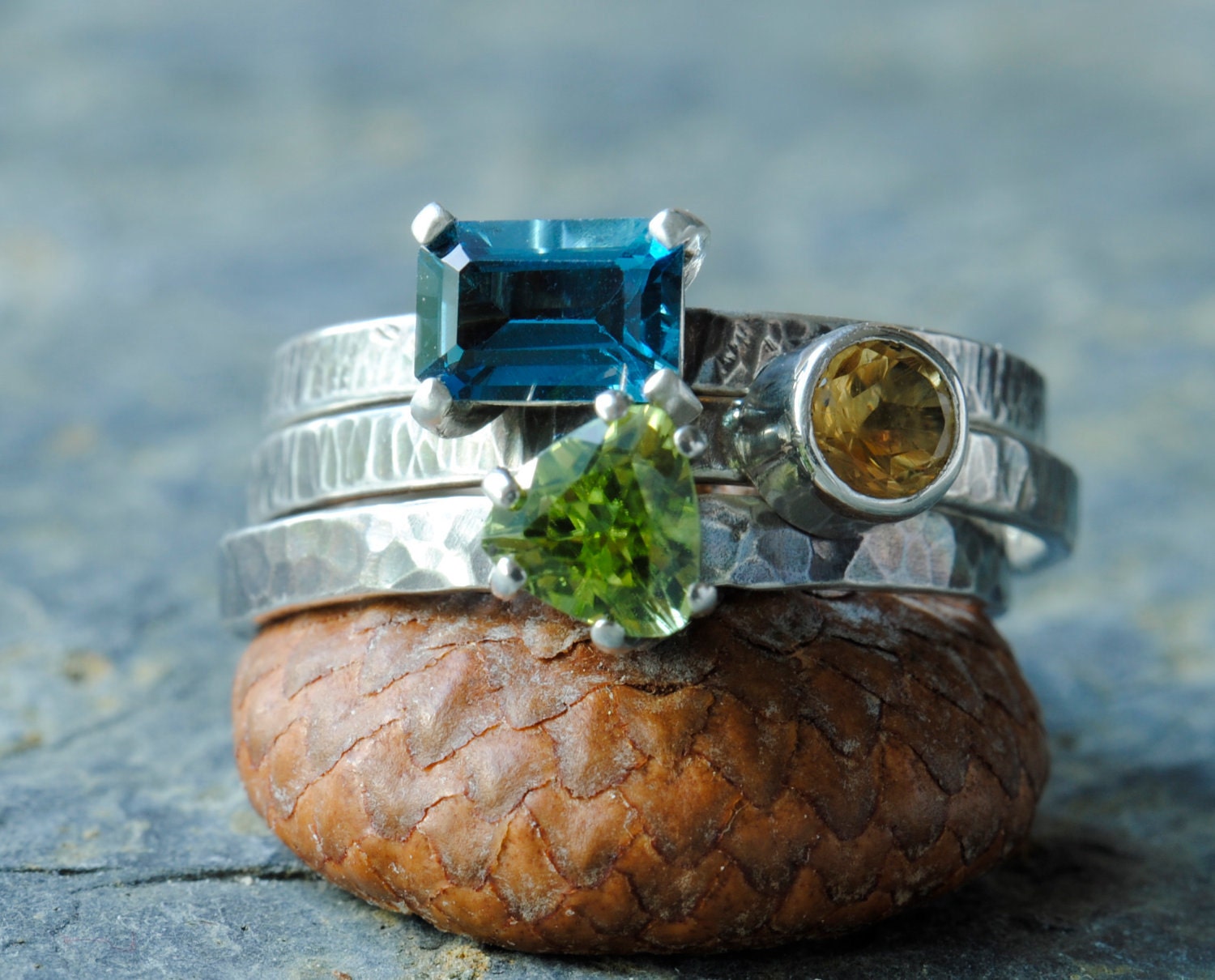 Geometric -- Stacking Ring Set with Peridot, London Blue Topaz, Citrine Rings