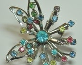 Sale At Vntg Prices-Abstract Silver Tone Multicolored Rhinestone Flower Vintage Pin