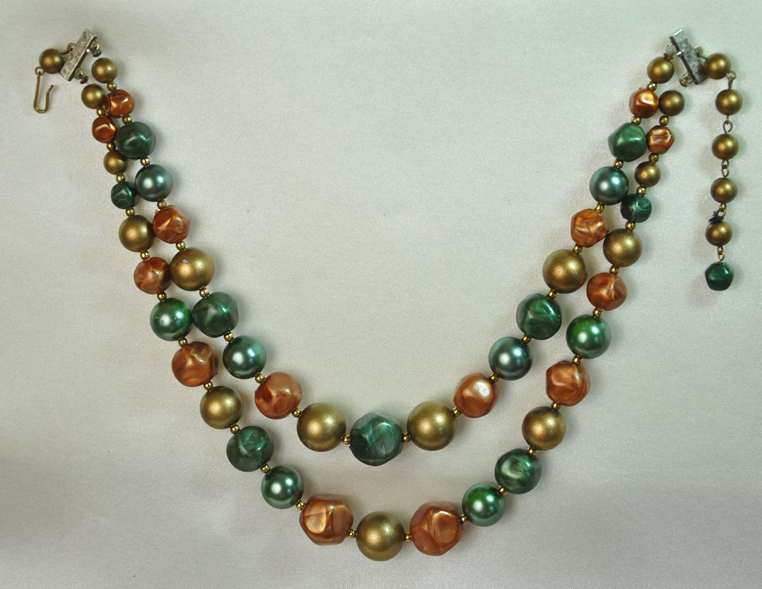 Double Strand Green Gold and Pumpkin Orange Nugget Vintage Beaded Choker