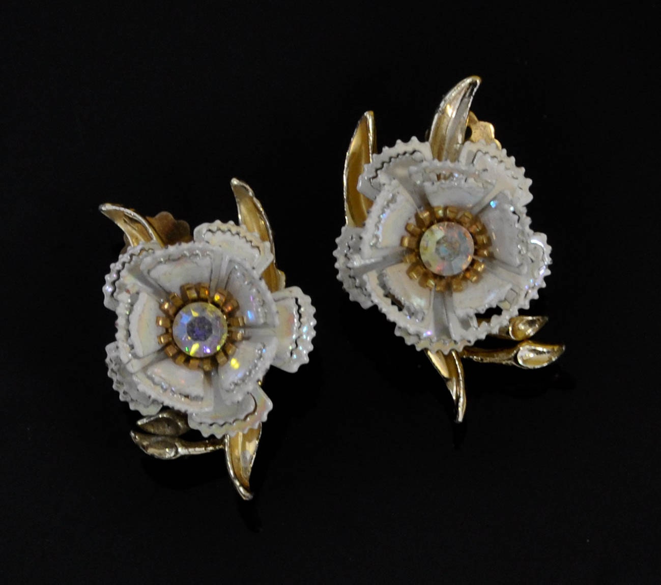 1960s White Enameled and Aurora Borealis Rhinestone 3D Flower Vintage Clip Earrings