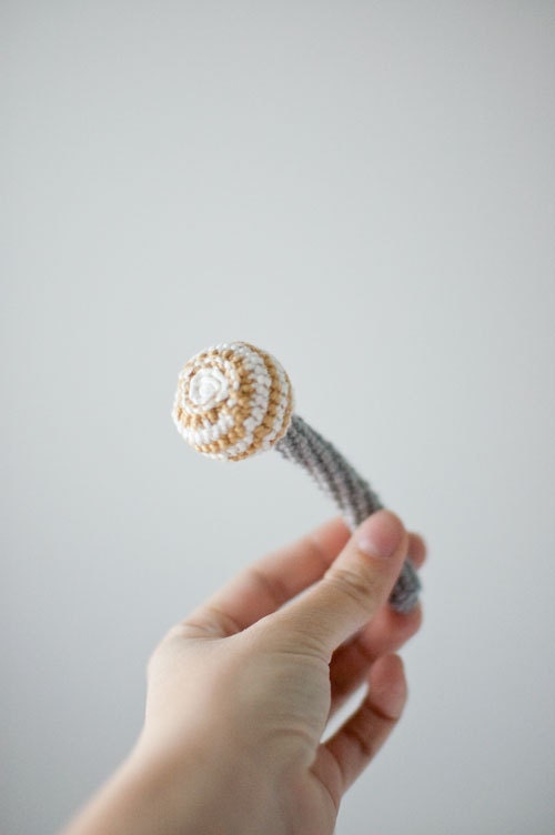 Crocheted Flower Brooch - Playful Jewelry from My Little Garden - Stripped Rose - Mustard Natural White Light Grey - OOAK