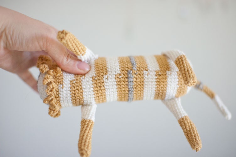 Crocheted Lion Baby Toy for Baby Boys and Baby Girls  - Natural White Mustard Pastels Cotton  - Made to Order - OOAK - The Long Lion with