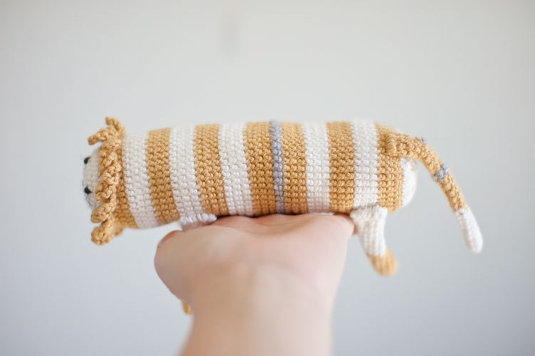 Crocheted Lion Baby Toy for Baby Boys and Baby Girls  - Natural White Mustard Pastels Cotton  - Made to Order - OOAK - The Long Lion with