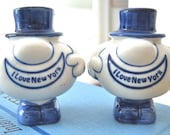 ViNTaGe I LOVE New York SaLT and PePPeR SHaKeRs . Funny Men in Blue Top Hats